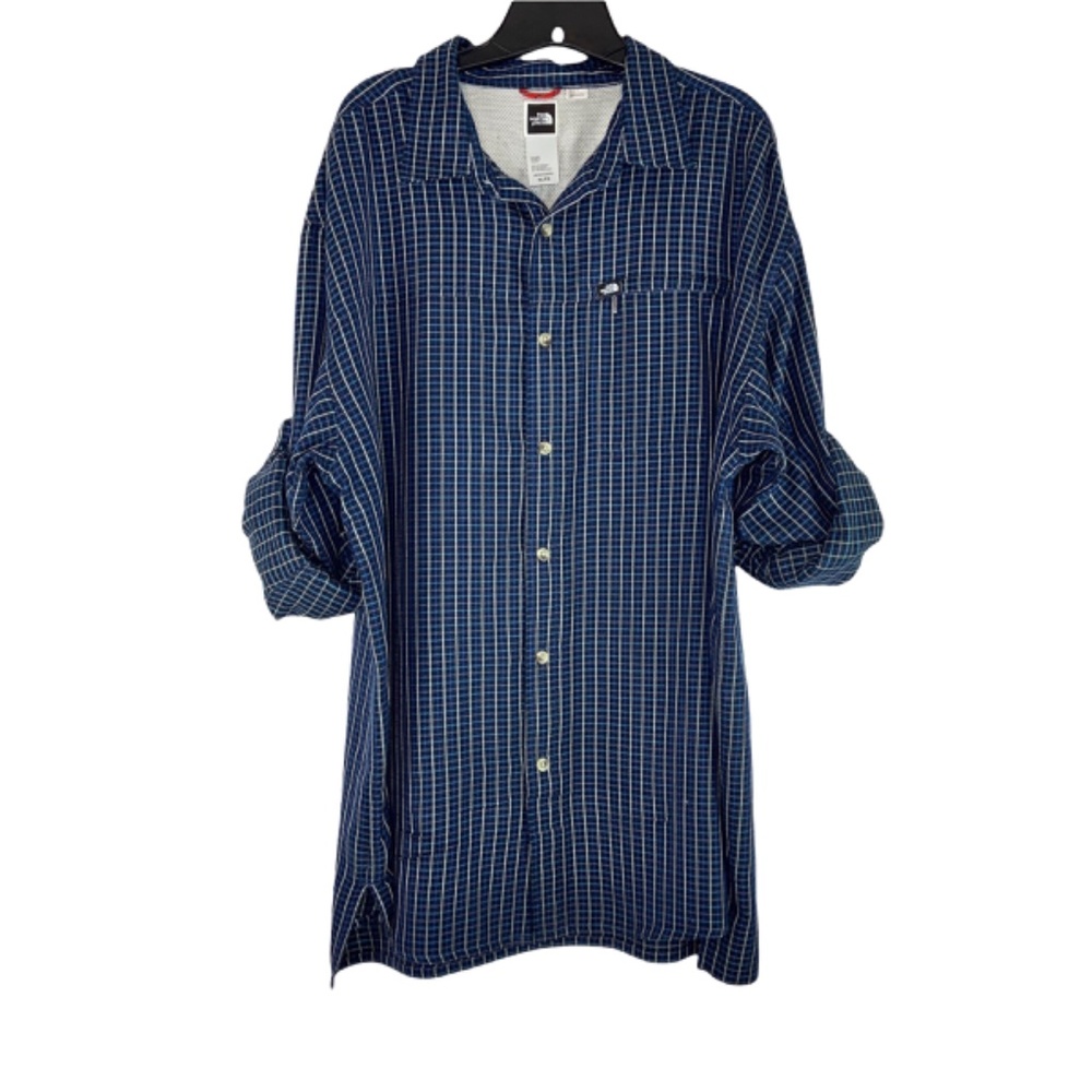 North Face Long Sleeve Button Down Shirt Roll Tab Sleeves Navy Blue Plaid - Picture 2 of 7